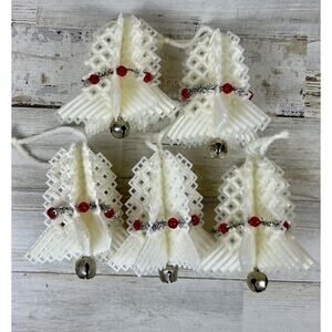 Vintage Handmade Christmas Ornaments Lot 5 Plastic Canvas Bells Red Beads Yarn